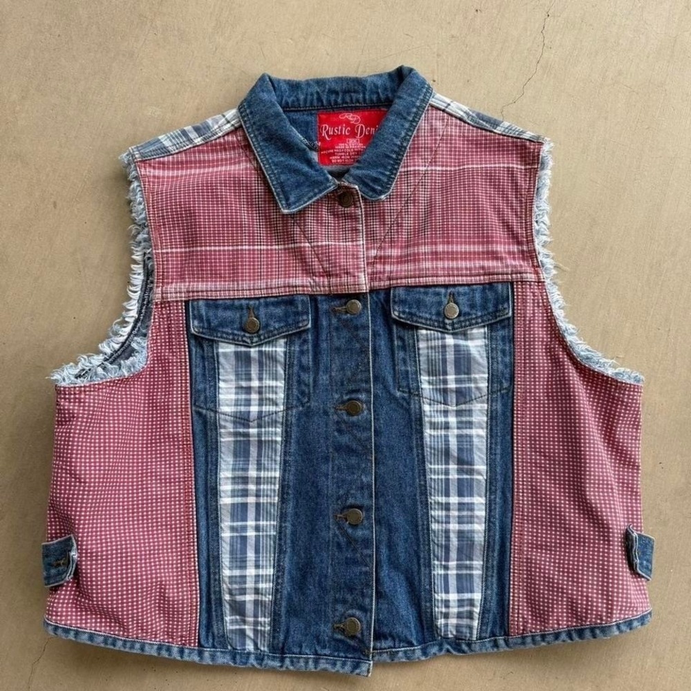 Mens Rustic Denim Patchwork Denim Vest  Americana Plaid Indie / Cottagecore 2X